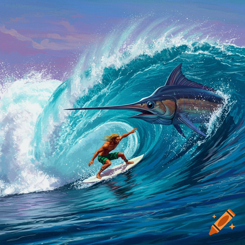 Stylized illustration of a surfer riding a large wave next to a swordfish jumping out of the water.