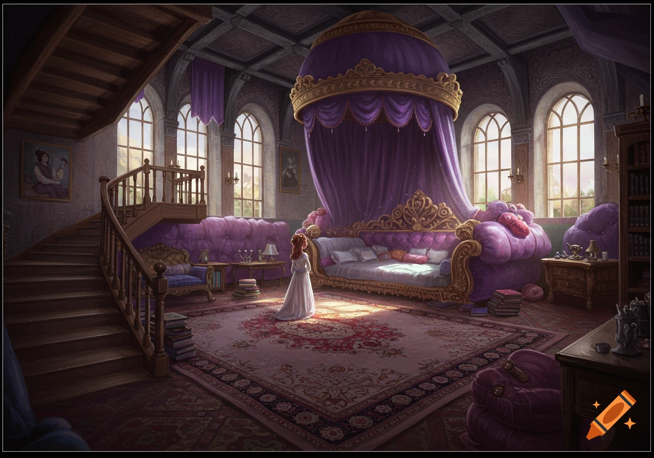 A girl stands in a large, luxurious purple room with a grand bed, stairs, and large windows.
