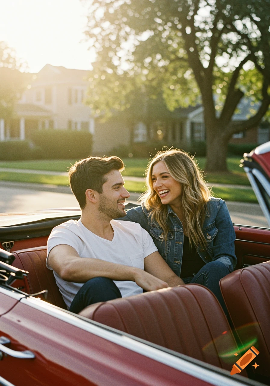 A couple smiles at each other while sitting in a red convertible.