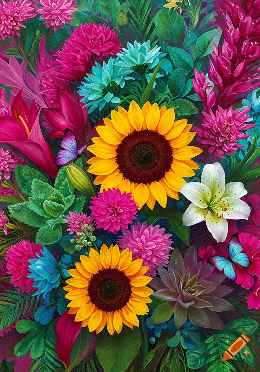 Colourful arrangement of sunflowers, lilies, and other flowers with butterflies