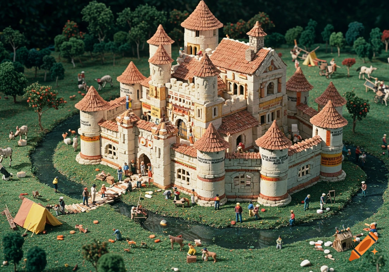 Detailed miniature diorama of a castle with tiny figures, moat, and tents