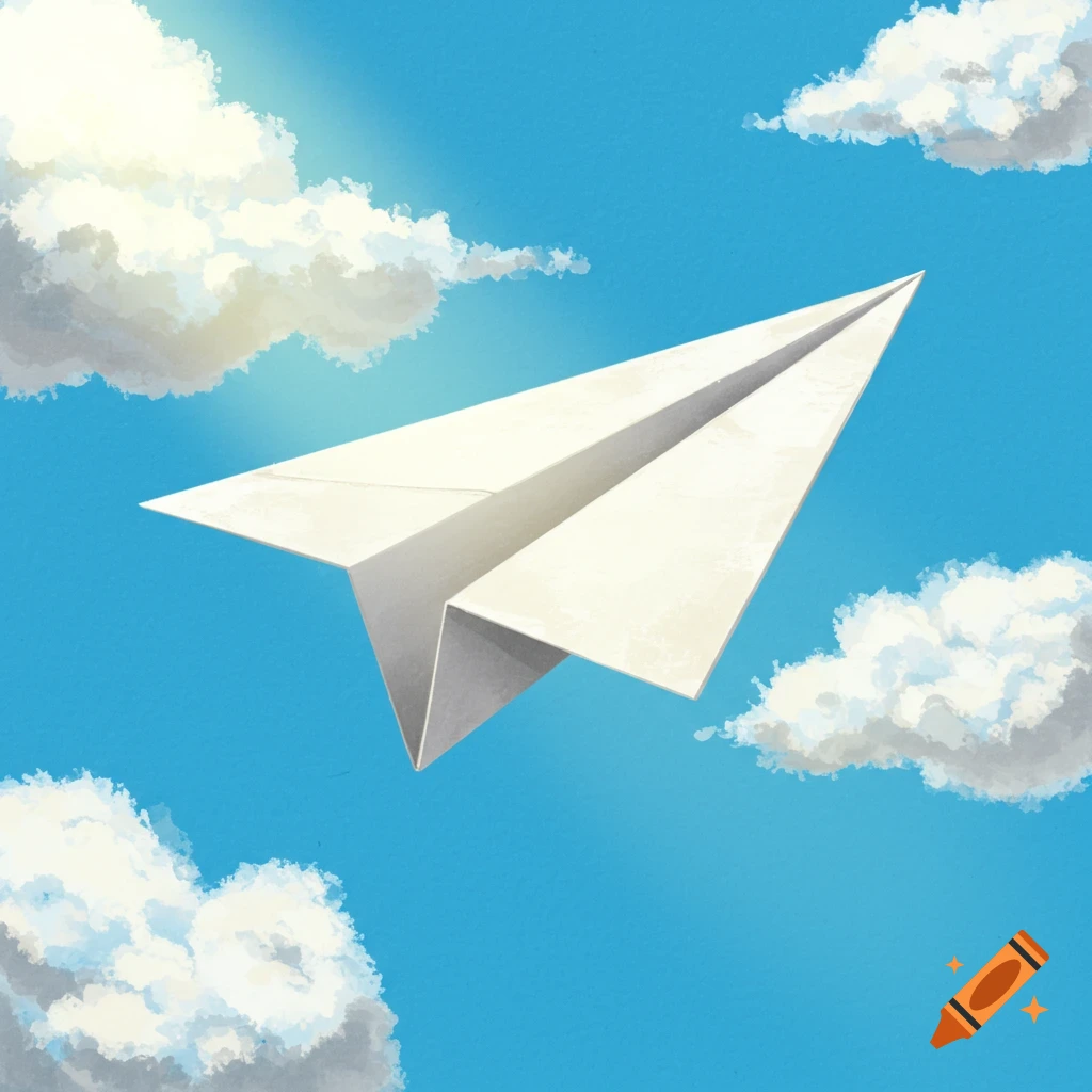 A white paper airplane flies through a bright blue sky with stylized clouds.