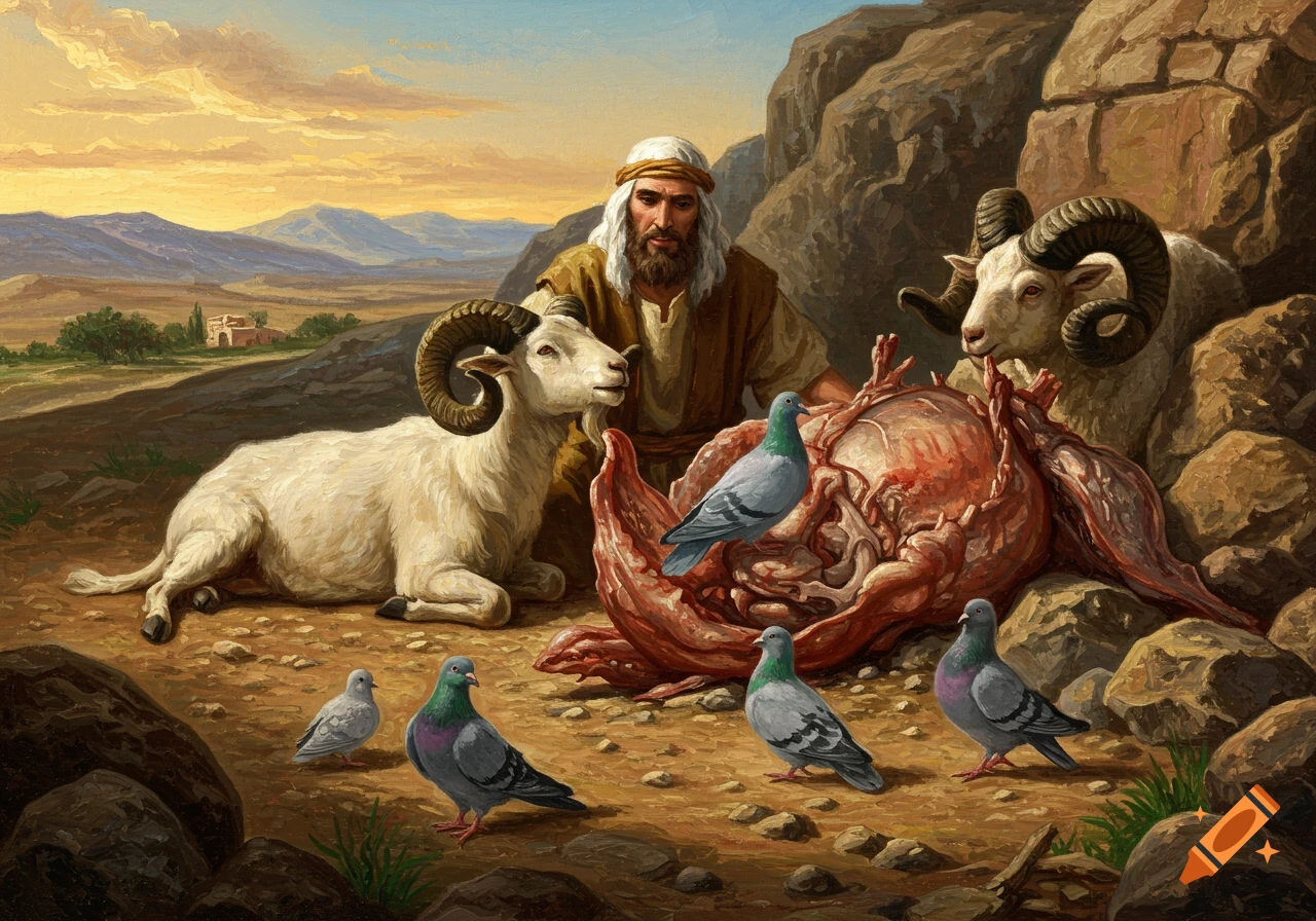 A man in desert robes sits with a sheep and pigeons near a skinned animal carcass in a rocky landscape, painted style.