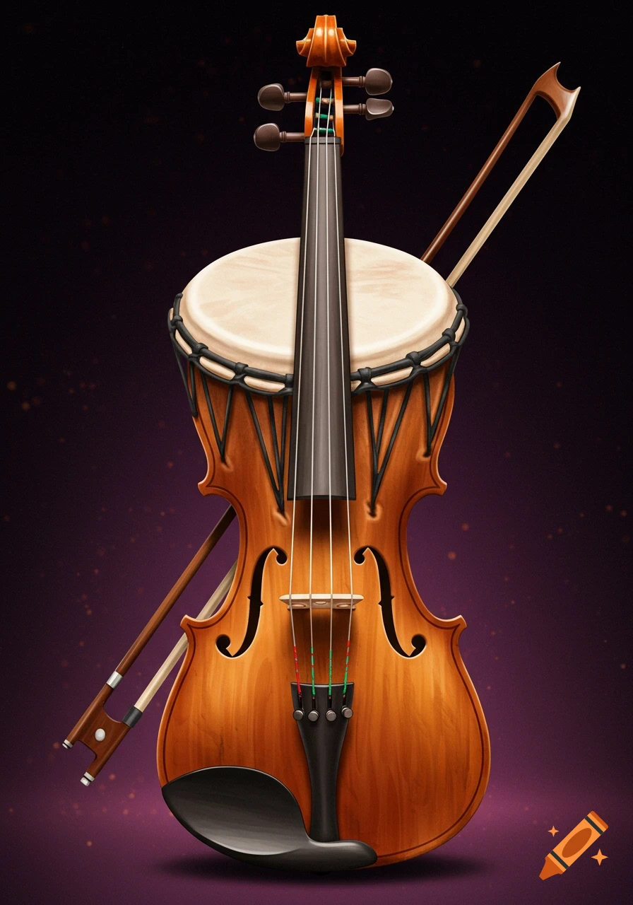 A detailed illustration of a violin fused with a drum, with a bow leaning against it, set against a dark, speckled purple background.
