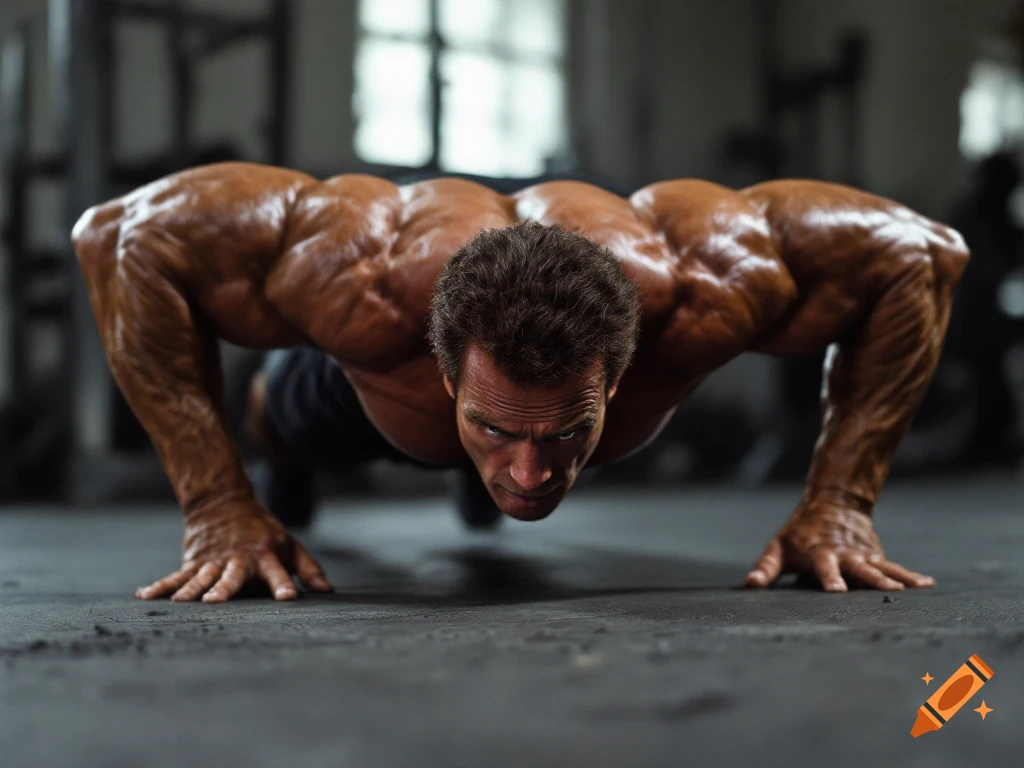 Close-up, low angle view of a very muscular man doing a push-up on a gym floor.