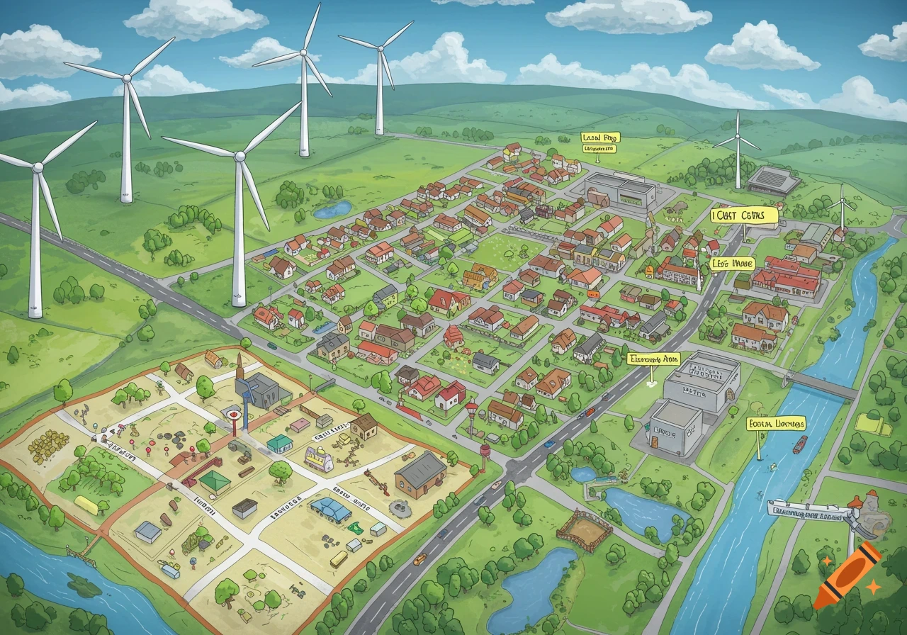Illustrated map of an eco-friendly town with buildings, roads, wind turbines, river, and green spaces.