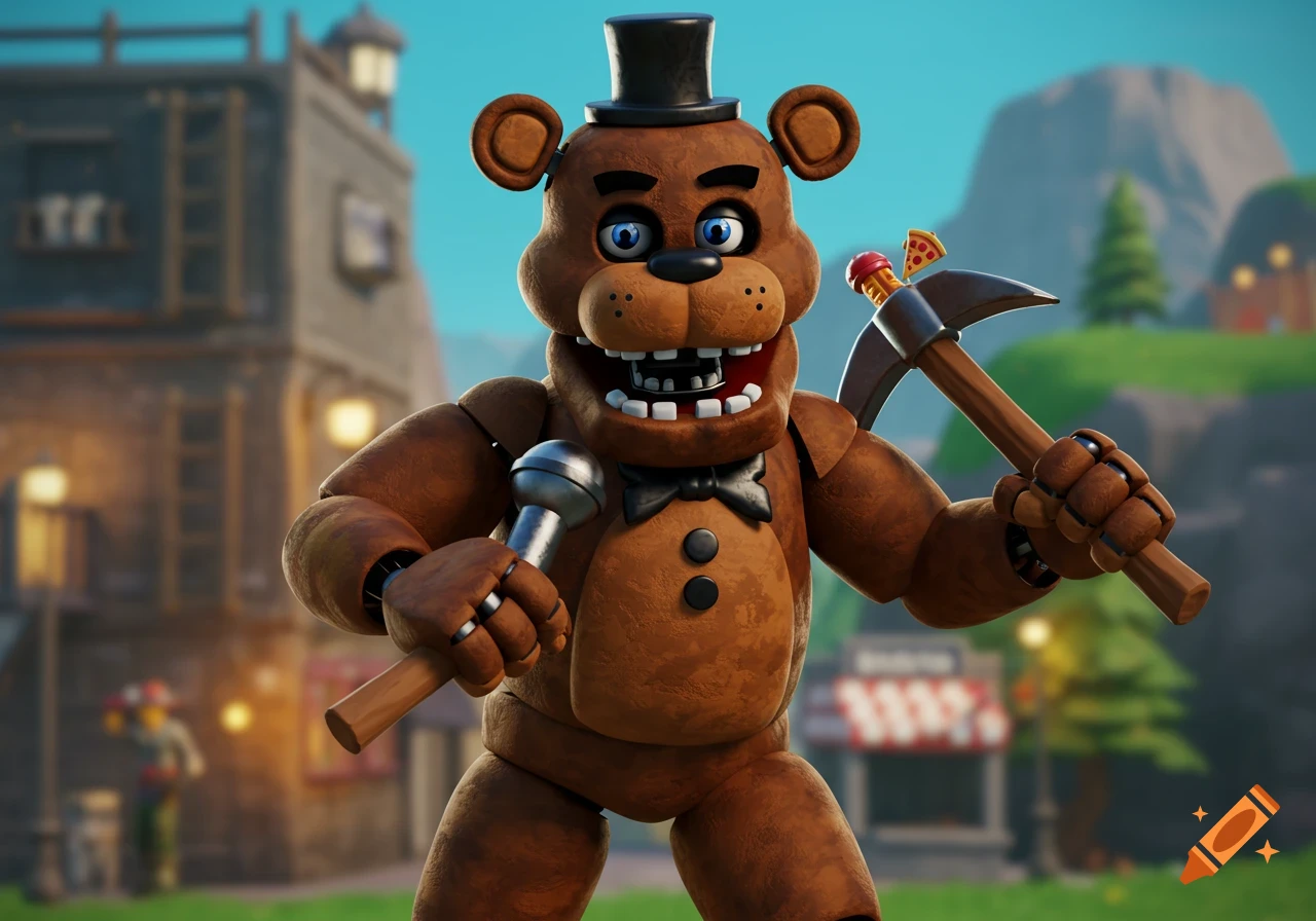 Freddy Fazbear from Five Nights at Freddy's as a Fortnite character, holding a microphone and a pickaxe.