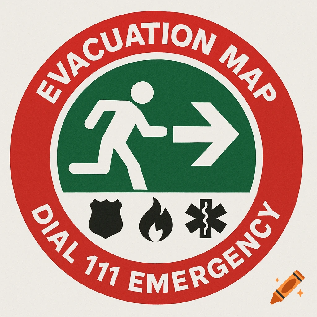 Circular logo for emergency services evacuation map.