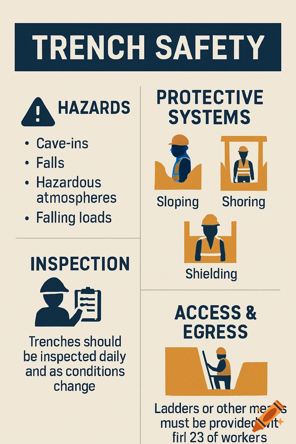 Infographic explaining trench safety with sections on hazards, protective systems, inspection, and access/egress, using text and illustrations.