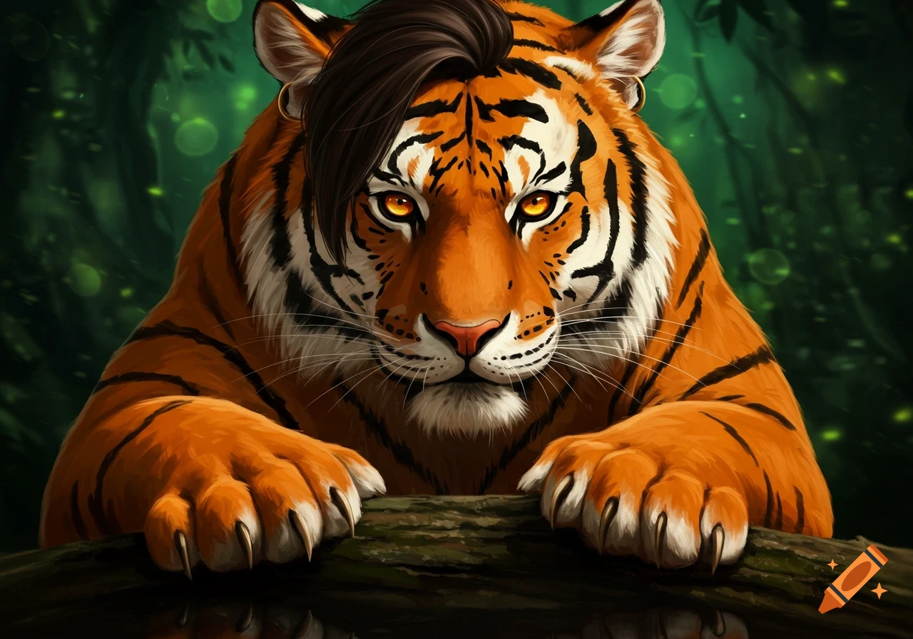 An illustrated close-up of a tiger with a side-swept punk hairstyle and ear piercings, resting its paws on a log.