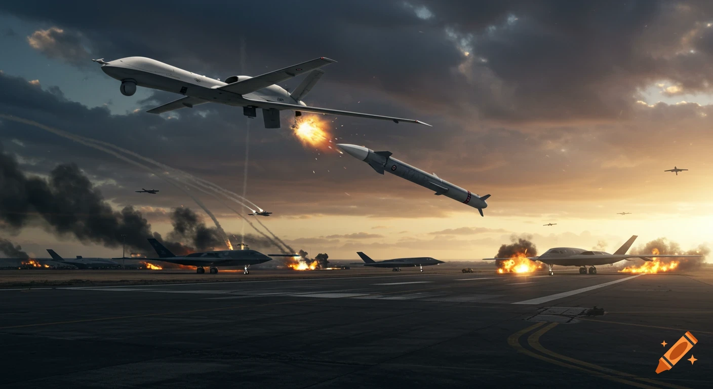 Aerial warfare scene: Drone launching missile over burning airfield with bombers at sunrise.