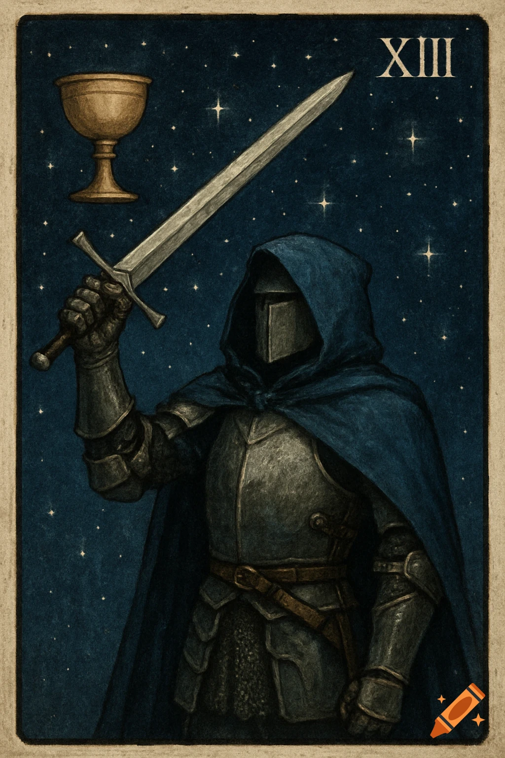 Fantasy image of a knight in armor and blue cloak holding a sword and a chalice against a starry background, stylized like a tarot card with the number XIII.