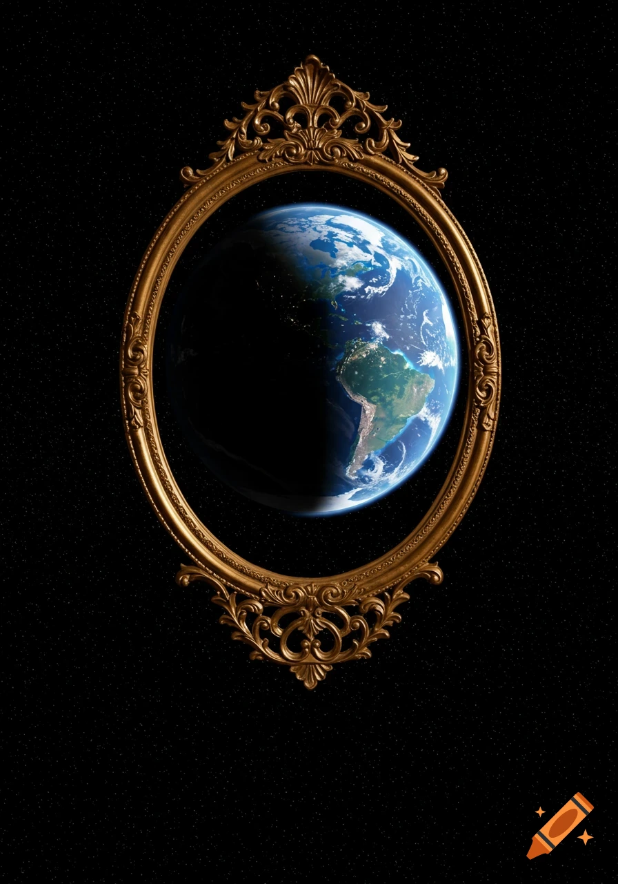 Planet Earth reflected in an ornate gold mirror floating in the starry blackness of space.