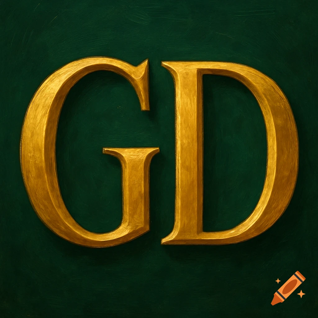 Large gold letters G and D on a dark green textured background.