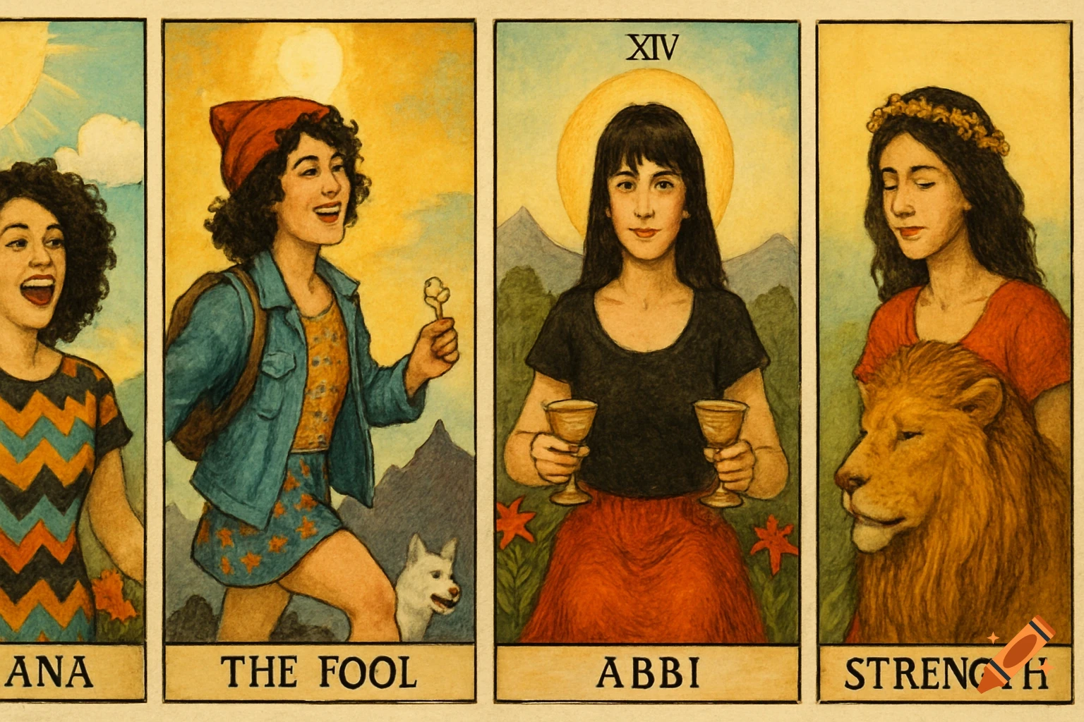 Four panels resembling tarot cards, each depicting a person or person with an animal, with labels underneath. Stylized illustration.