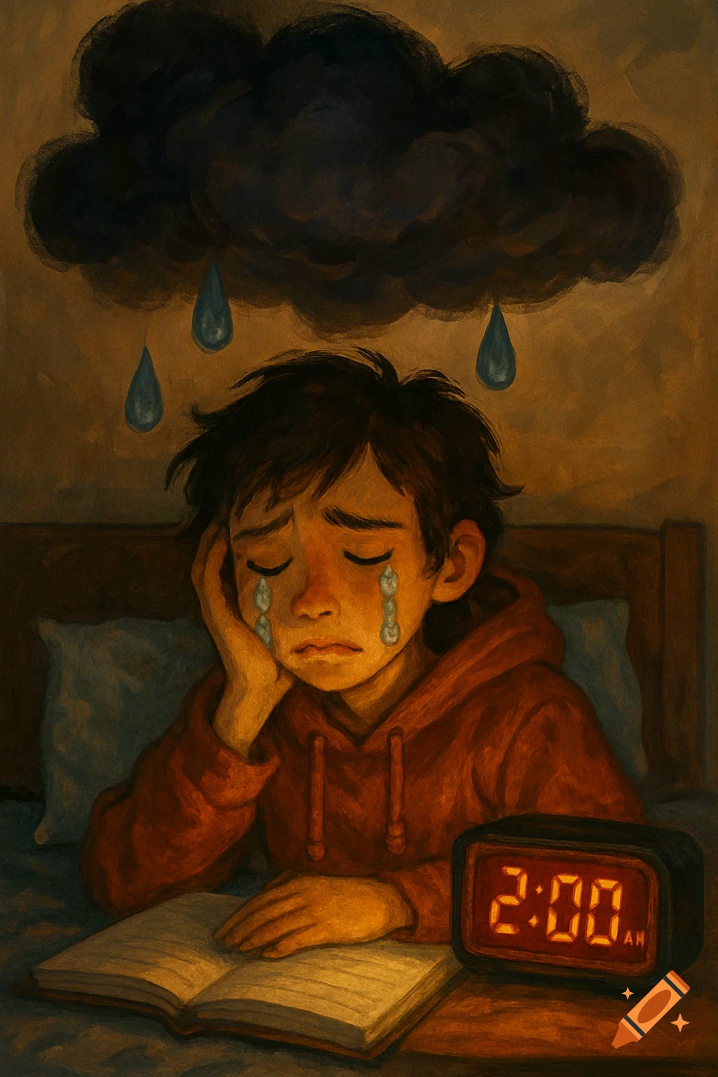 Illustration of a sad student crying over a book with a dark cloud and raindrops above their head, alarm clock reads 2:00 AM.