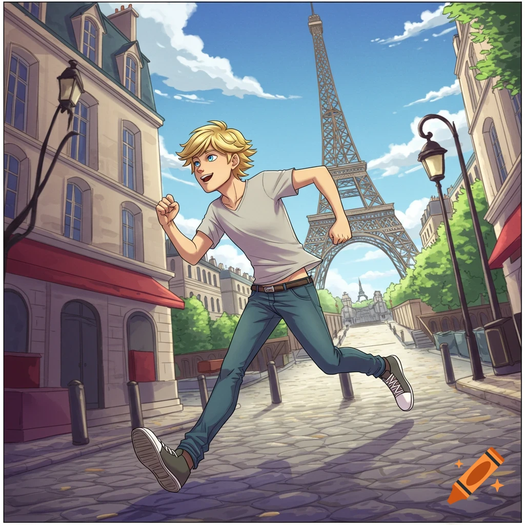Cartoon illustration of Adrien Agreste running in Paris with the Eiffel Tower.