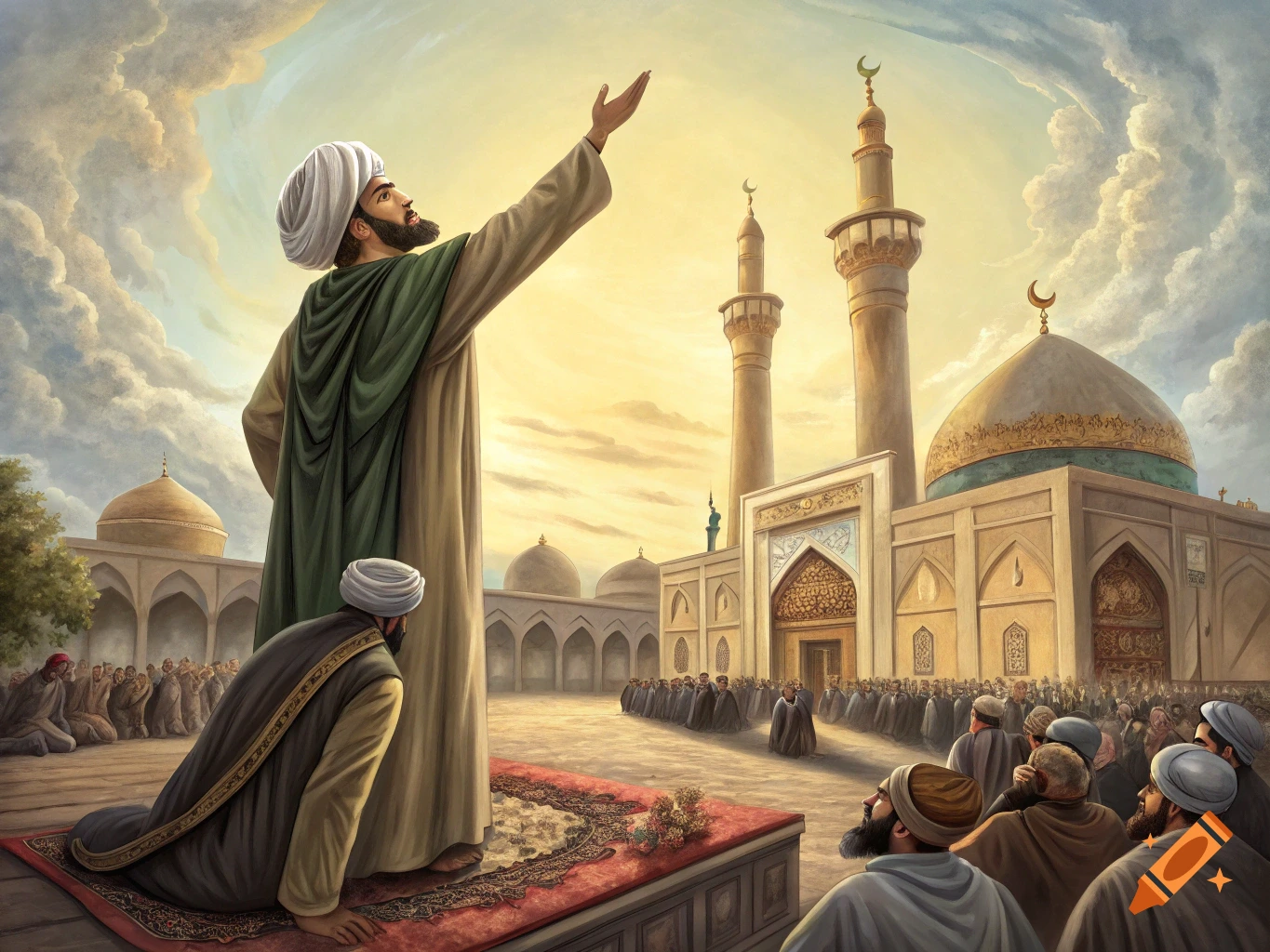 A man in a turban addresses a large crowd outside a mosque at sunset.