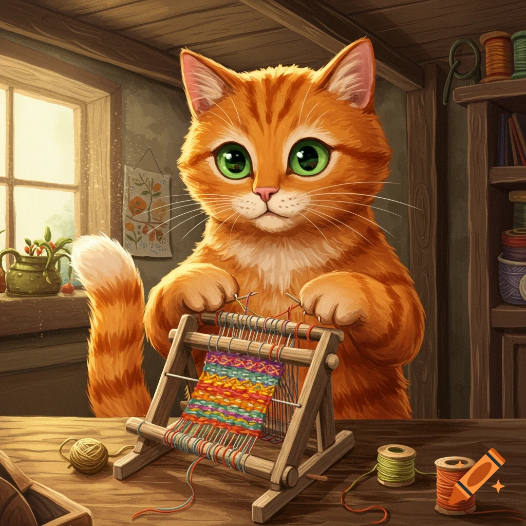 An orange cartoon cat weaves a colorful pattern on a loom inside a cozy room.