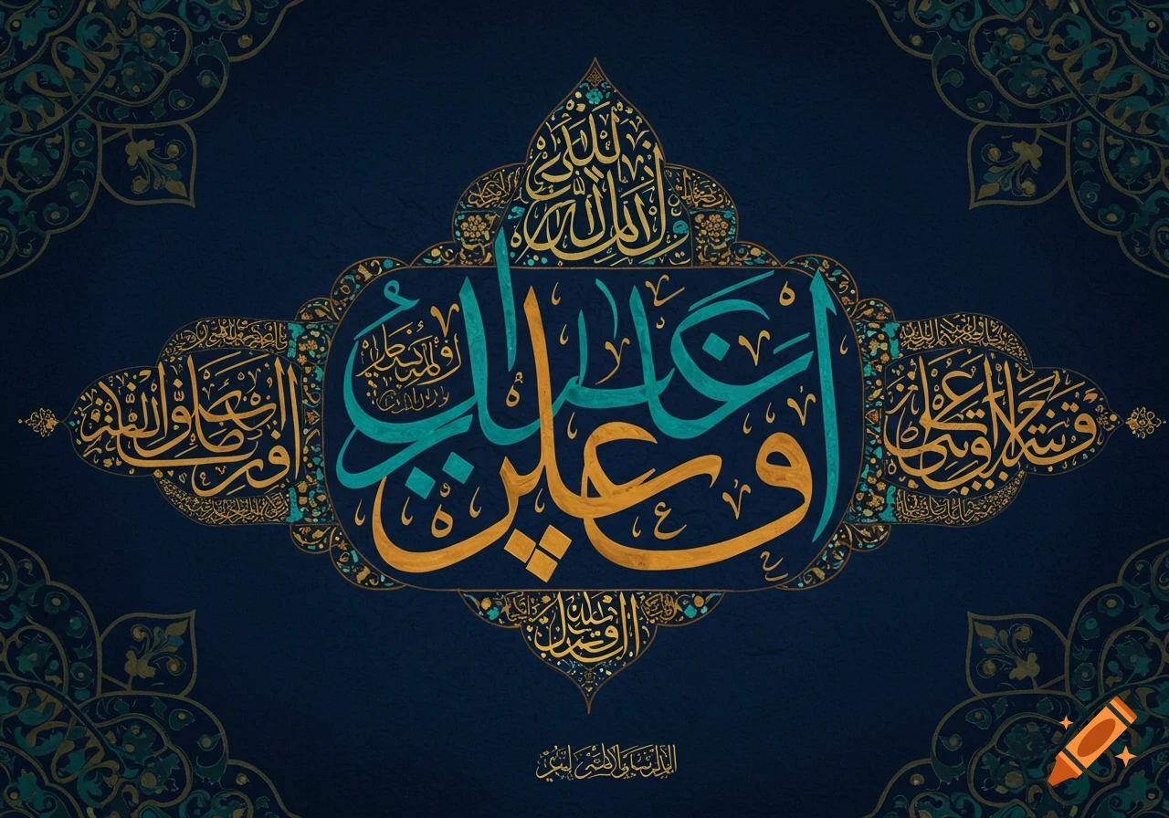 Intricate Arabic calligraphy in gold and teal on a dark blue background with decorative patterns.