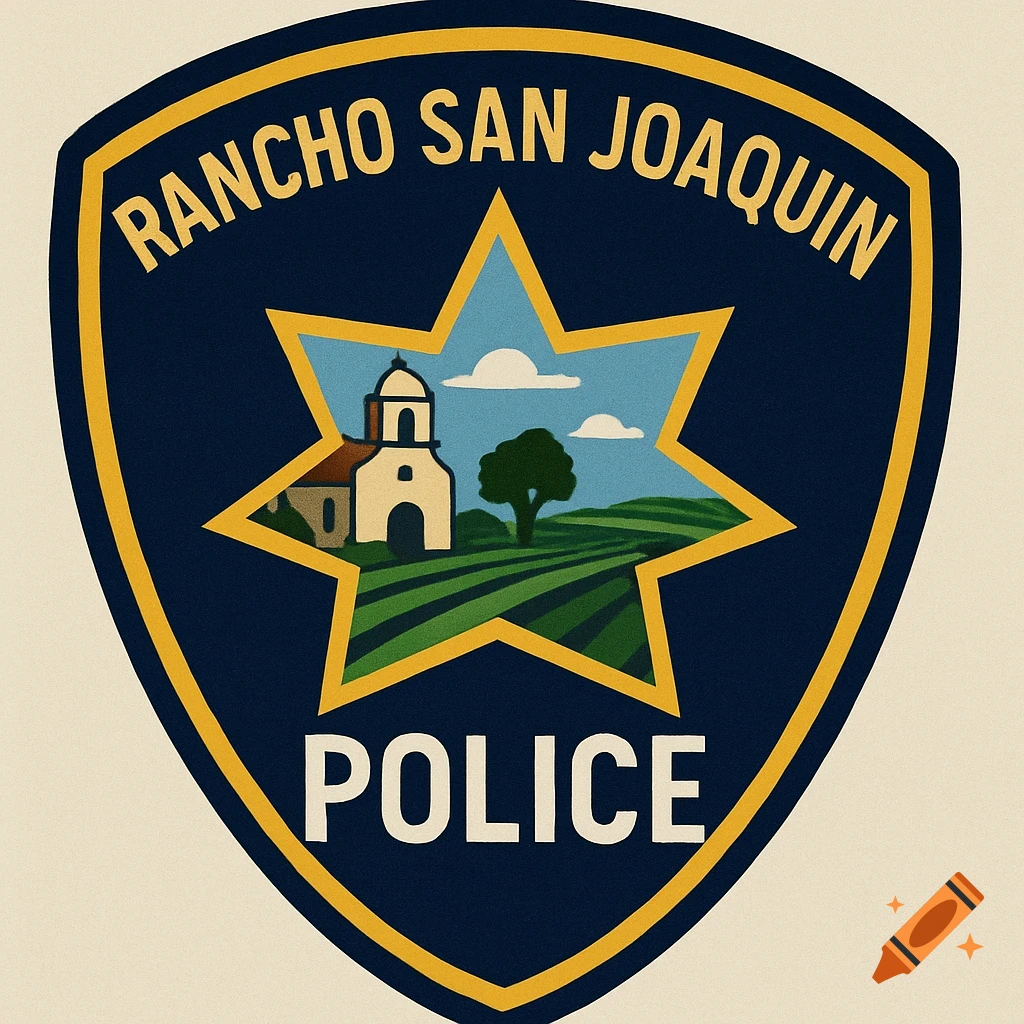 Stylized police badge design for Rancho San Joaquin with text