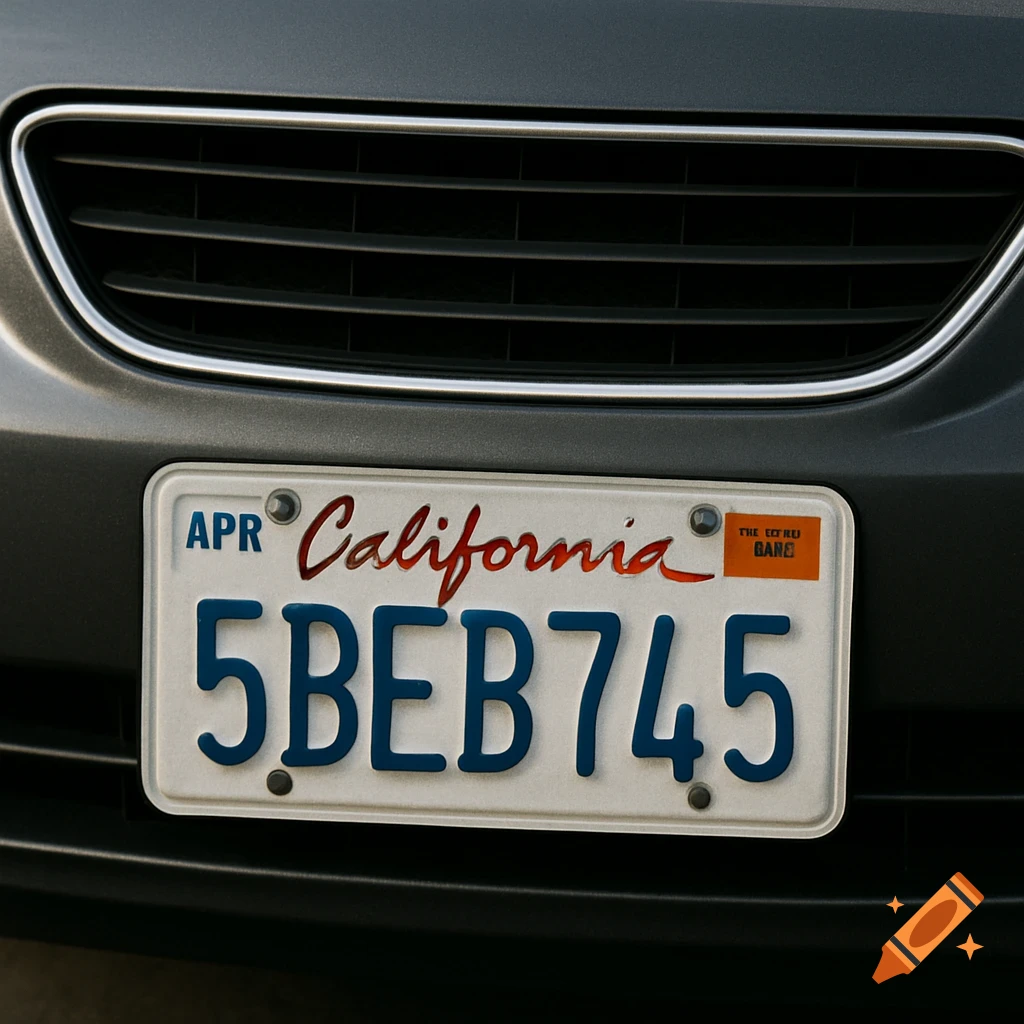 Close-up of a car's grille and a California license plate.