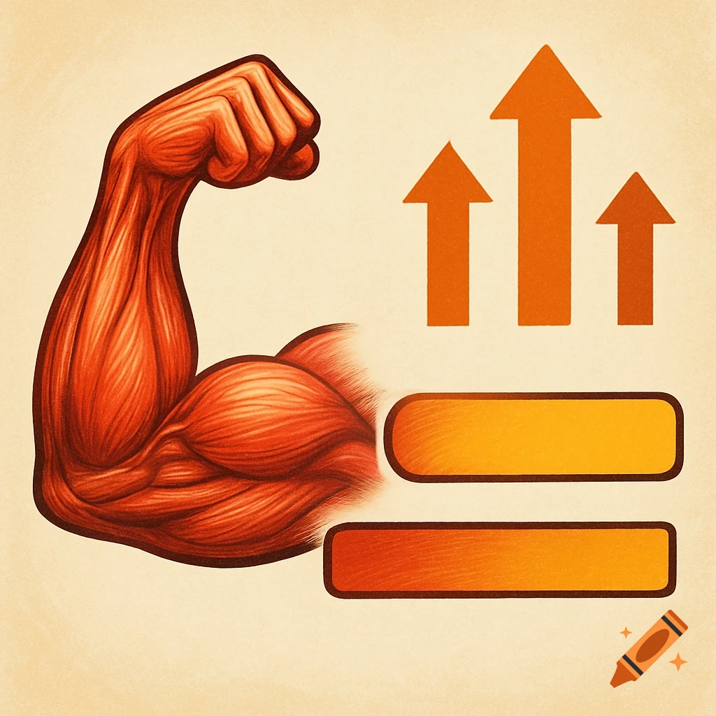 Illustration of a flexed bicep muscle next to upward-pointing arrows and progress bars on a textured background.