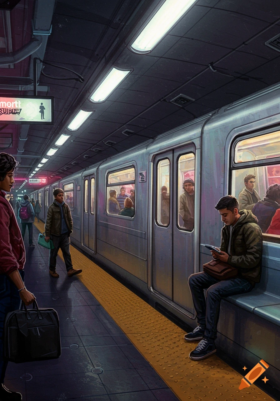Digital painting of people waiting on a subway platform as a train arrives