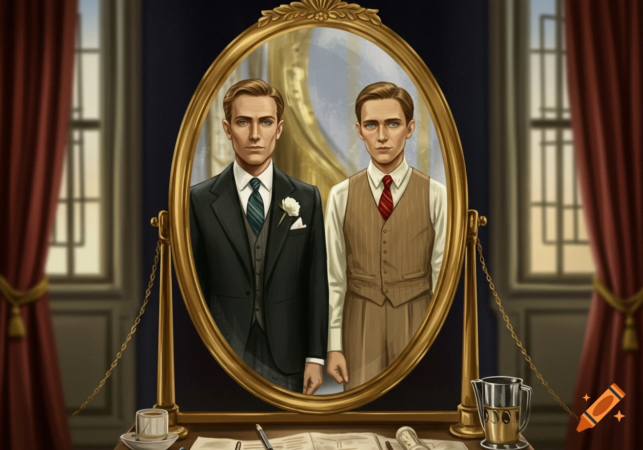 Illustration of two versions of a man reflected in a mirror, one in a suit and one in a vest, in an elegant room.