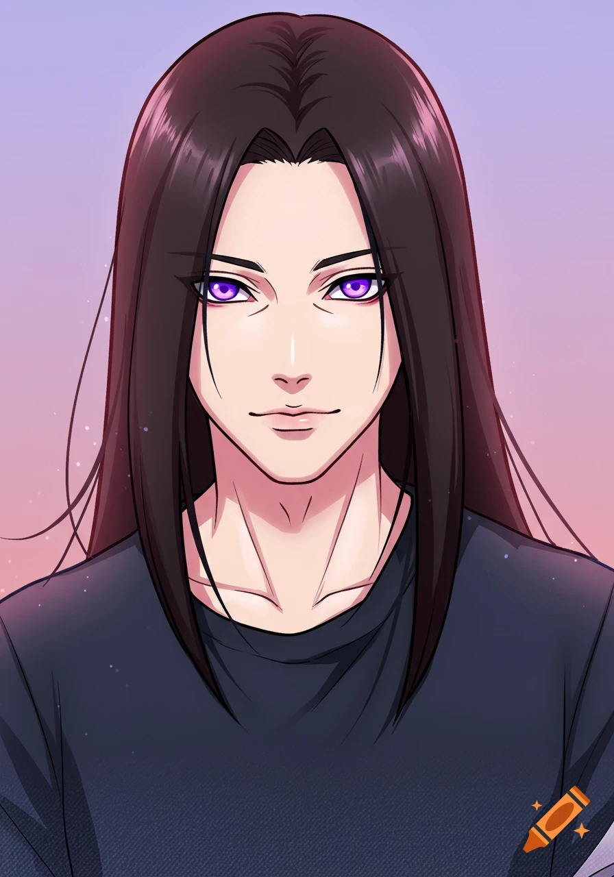 Manhwa style portrait of a person with long dark hair and purple eyes.