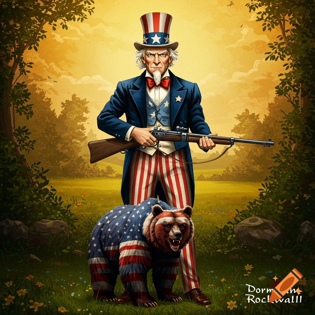 Illustration of Uncle Sam standing with a rifle next to a bear wearing an American flag pattern in a forest clearing.