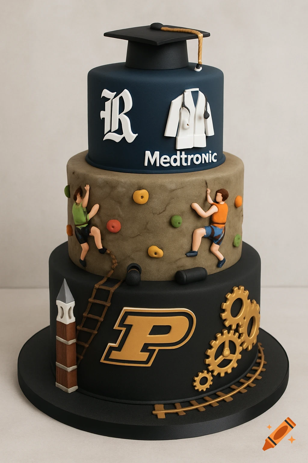3-tier graduation cake with Purdue, rock climbing, and Rice/Medtronic themes.