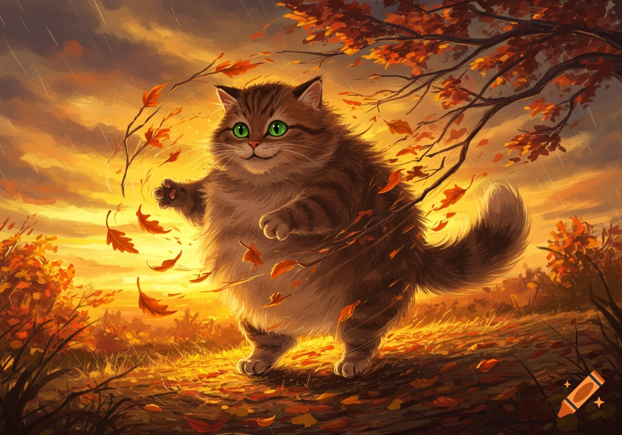 Fluffy brown cat in a windy autumn scene with swirling orange leaves, digital art