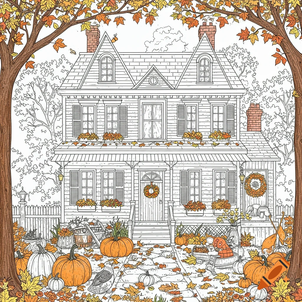 Line drawing of an antique house decorated for fall with pumpkins and leaves, framed by trees, for coloring.