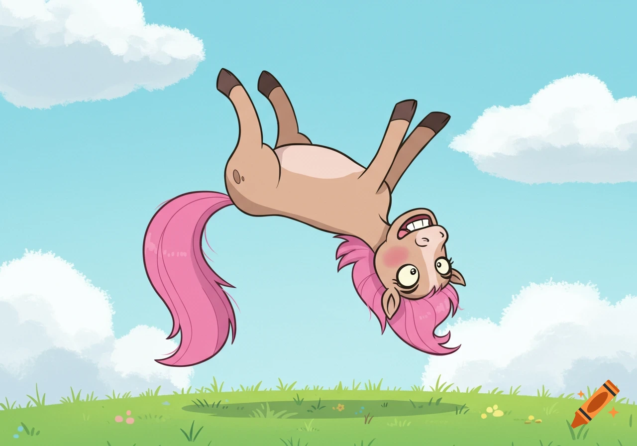 A cartoon horse is upside down and hovering, with a happy expression, against a sky background.