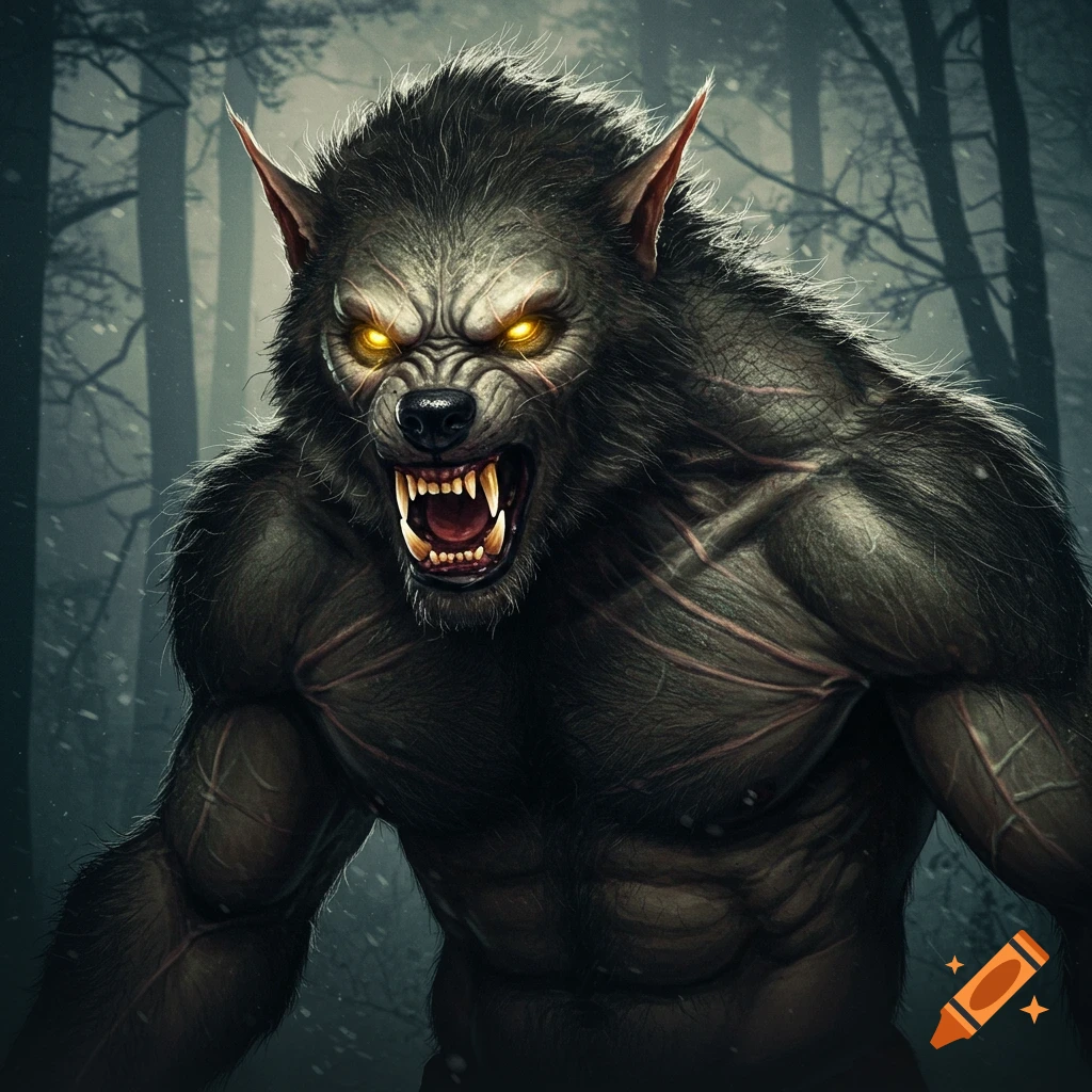 A snarling werewolf with glowing eyes stands in a dark forest.