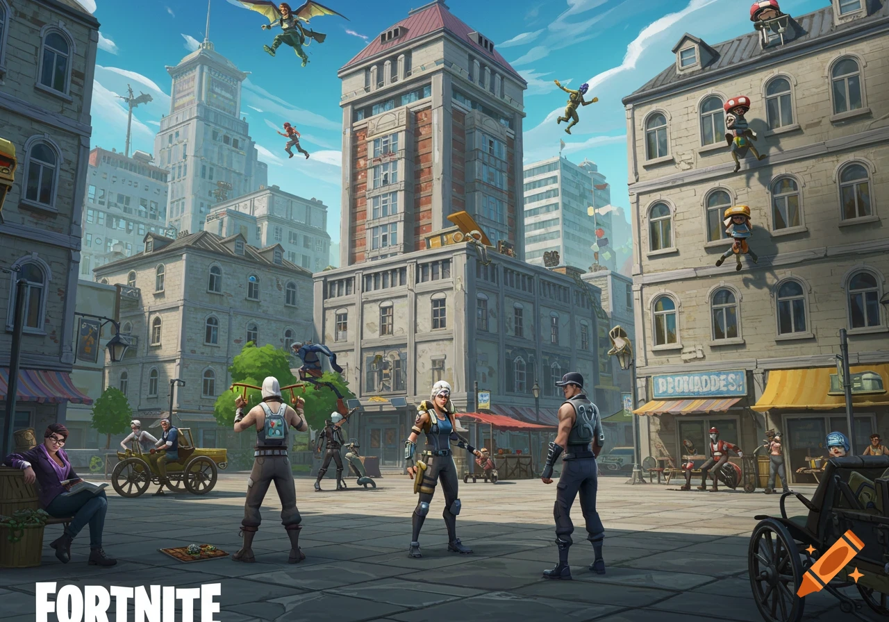 Fortnite characters in a stylized city street scene with buildings.