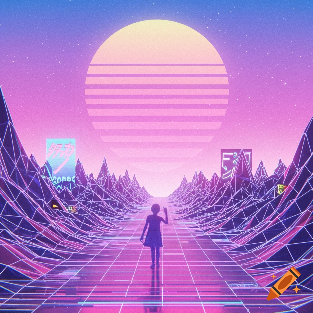 Silhouetted figure walks on glowing grid towards sunset in retro synthwave landscape