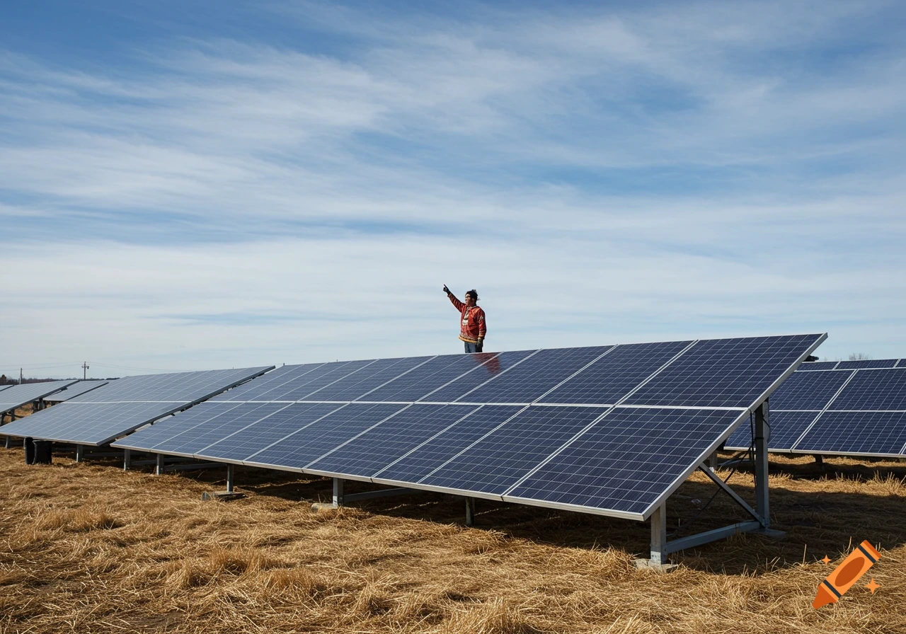 Person standing on large solar panels in a field under a blue sky, pointing.