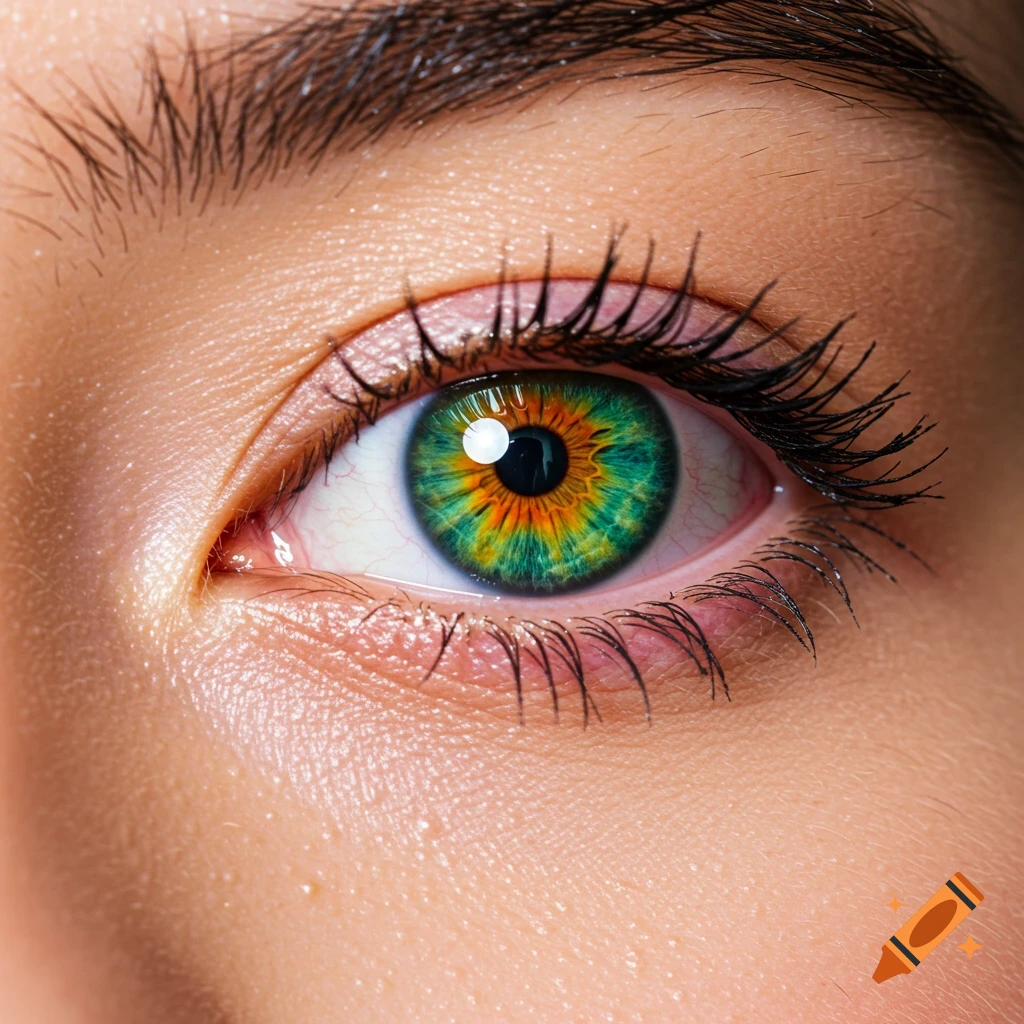 Close-up of an eye with a vibrant rainbow-colored iris.