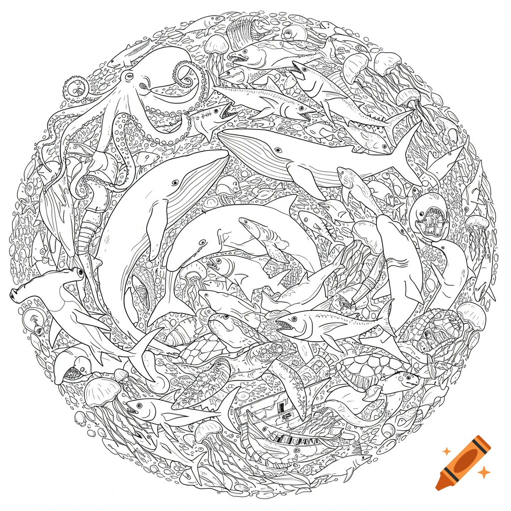 Circular line drawing filled with whales, octopus, sharks, jellyfish, and other sea creatures.