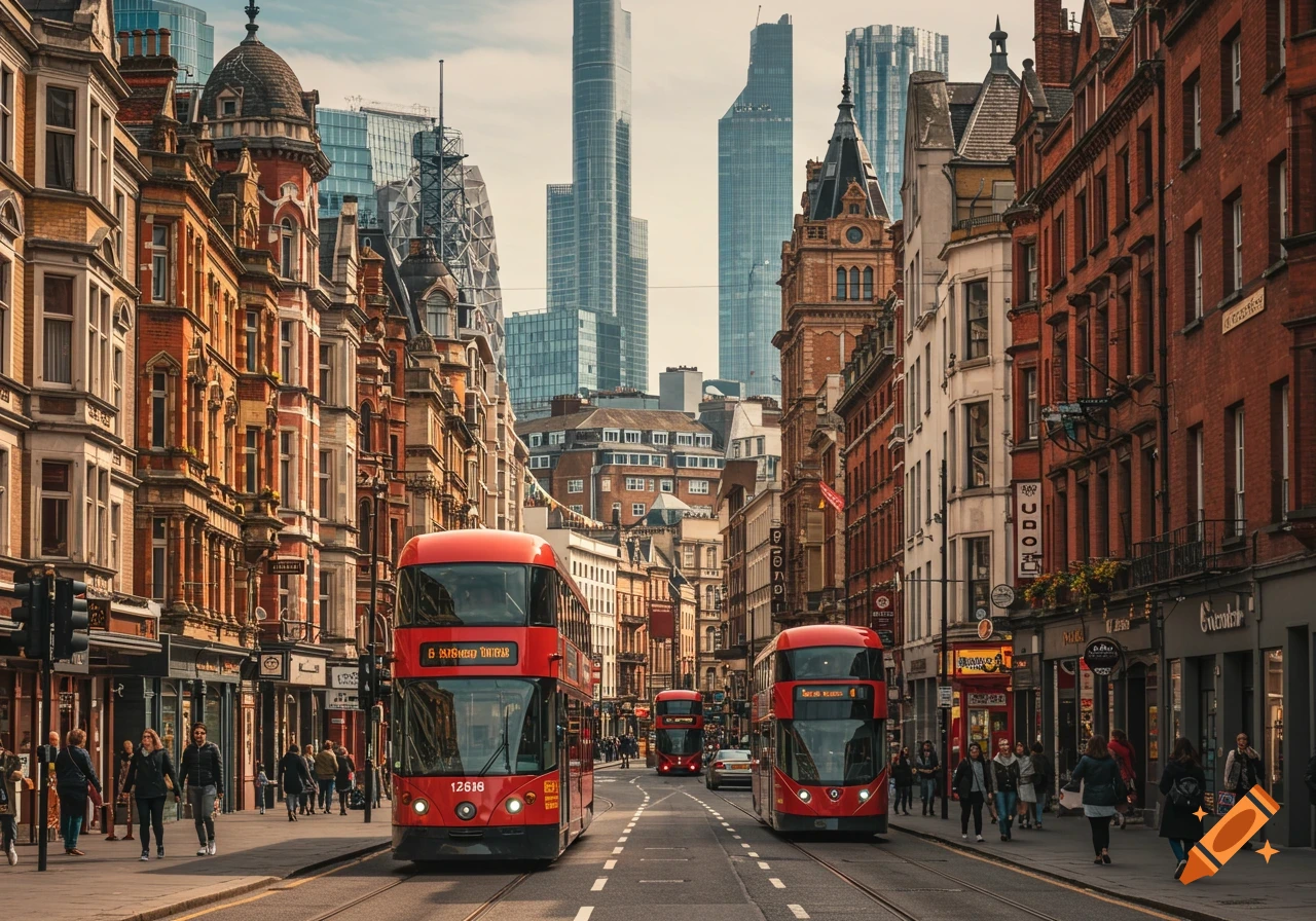 Busy street scene in London with red double-decker buses and mix of old and modern buildings