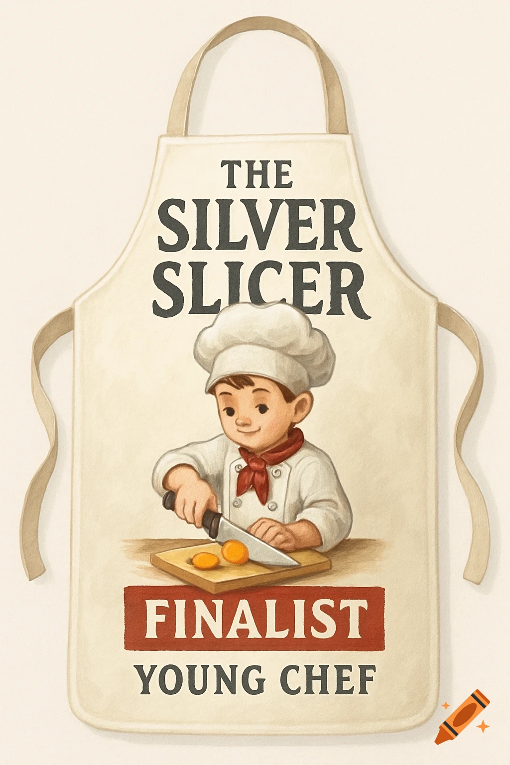 Illustration of an apron for the "Silver Slicer" young chef competition, featuring a boy chef cutting food.
