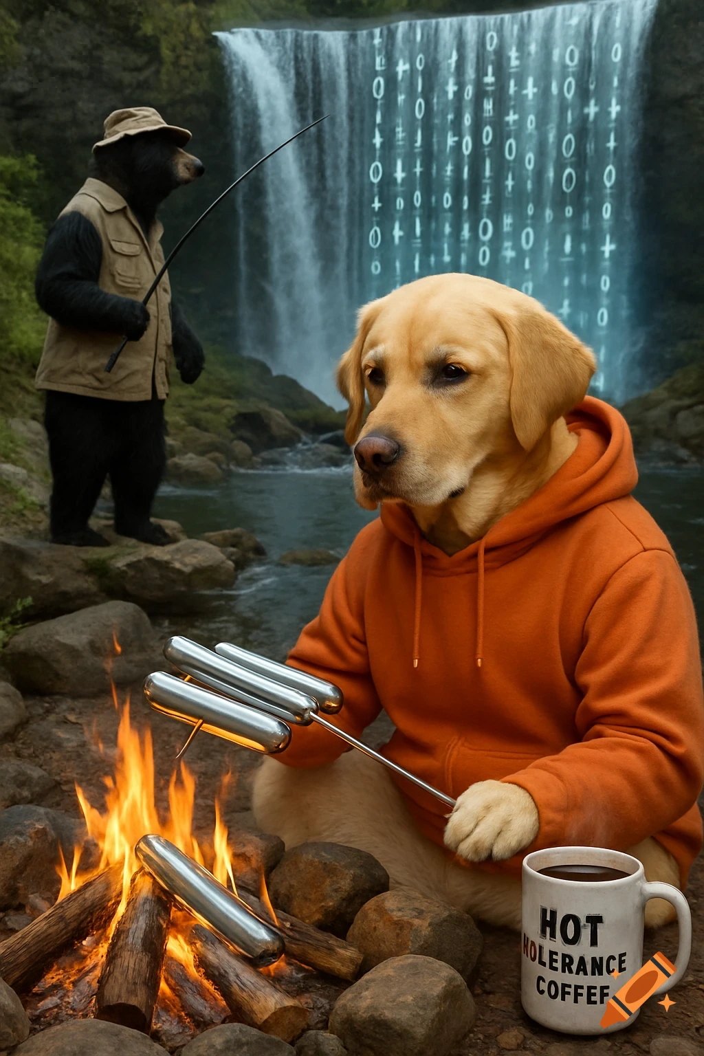 A yellow lab in a hoodie roasts metal hotdogs by a campfire while a bear fishes by a waterfall with falling code.