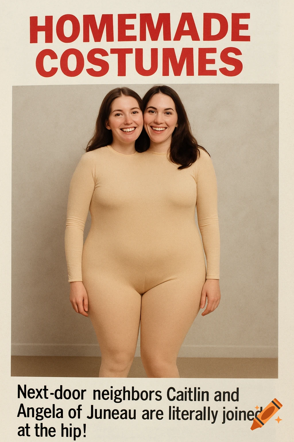 Two women in a bodysuit merging to look like a conjoined person. Text says HOMEMADE COSTUMES.