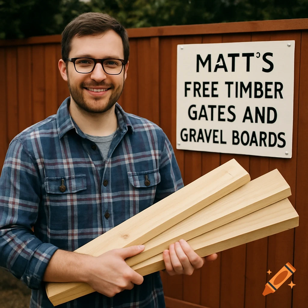 A man with glasses holding wood boards stands in front of a fence with a sign.