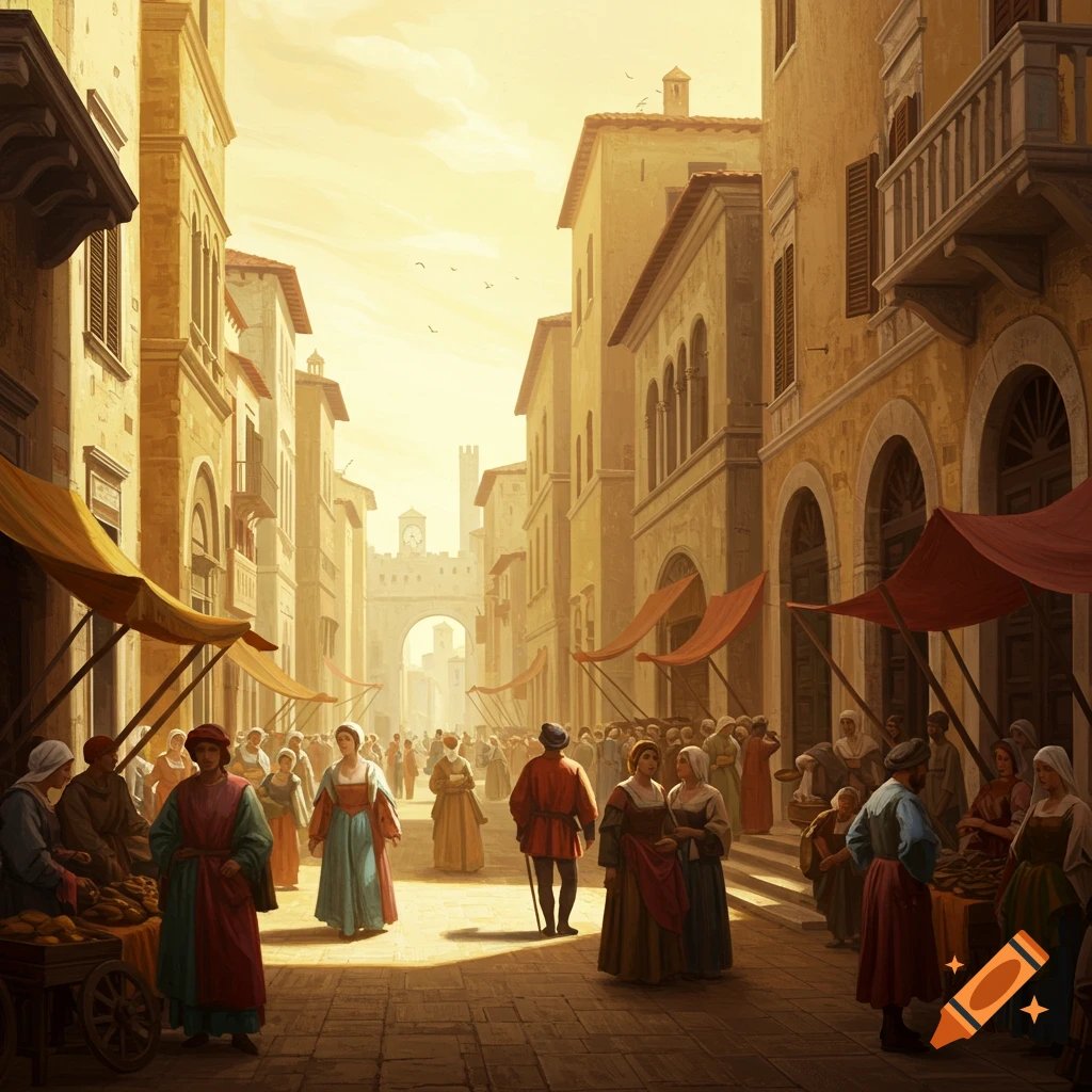 A busy historical market street scene with people and stalls under a golden sky.