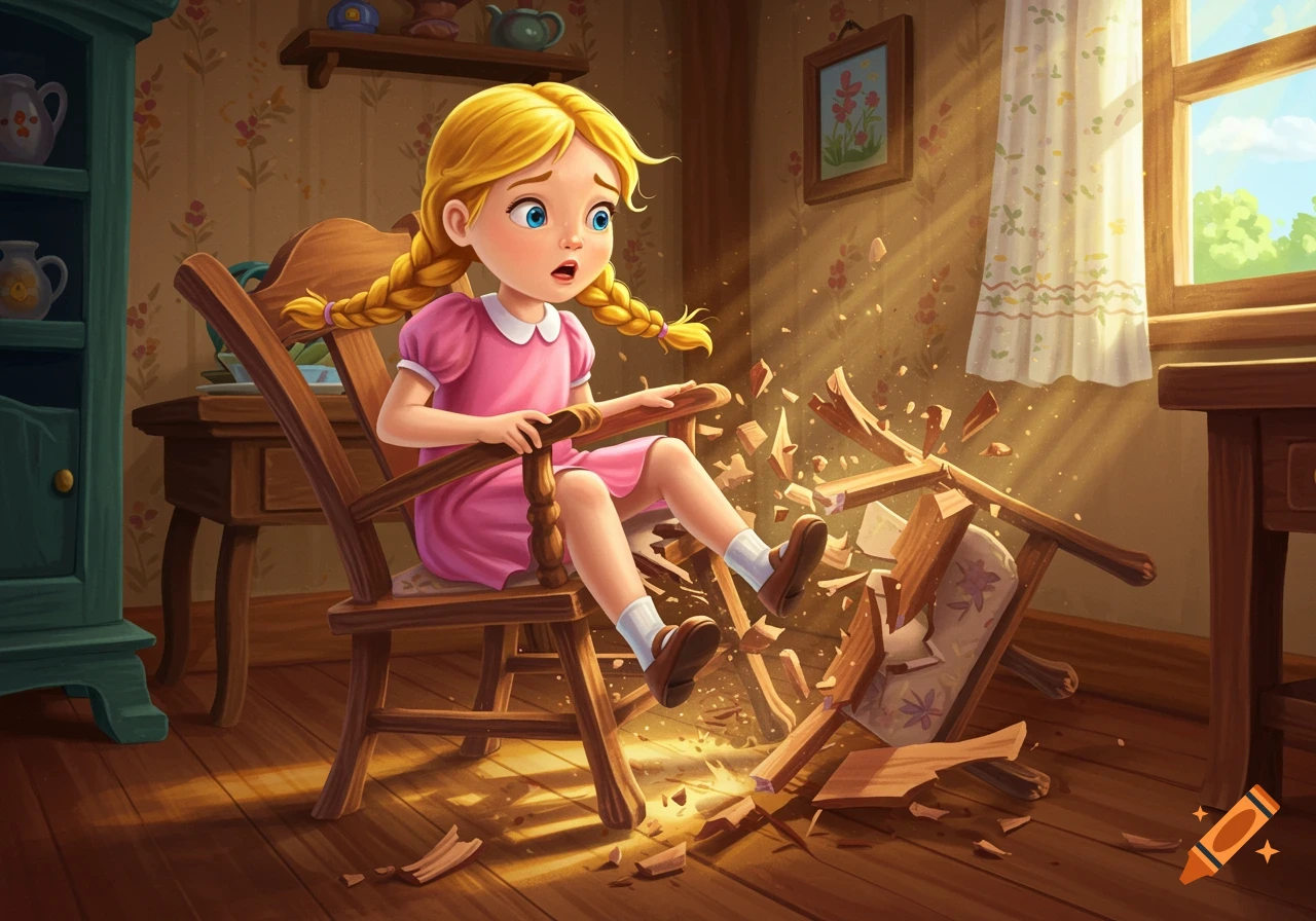 Goldilocks in a pink dress sits on a wooden chair that breaks, looking surprised in a cottage setting.