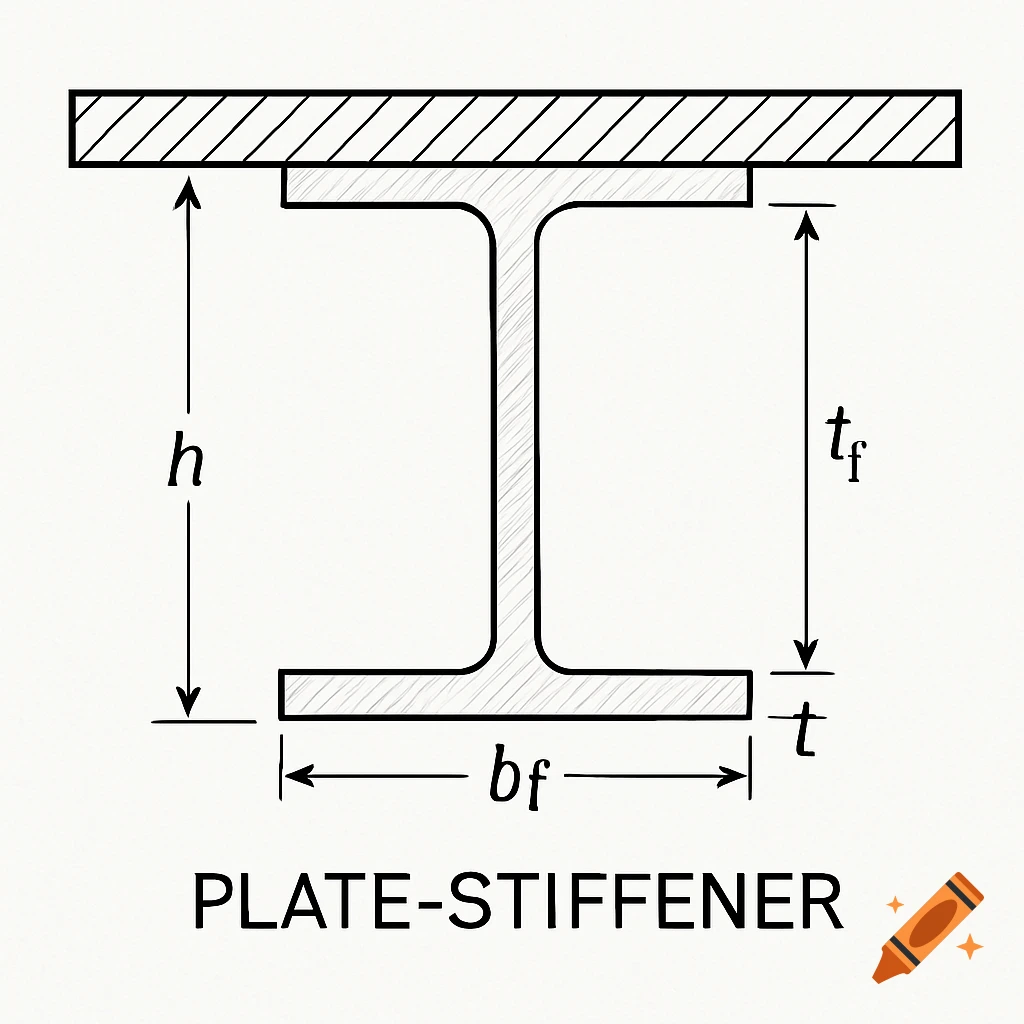 Technical diagram of a plate-stiffener with dimensions h, bf, tf, and t ...