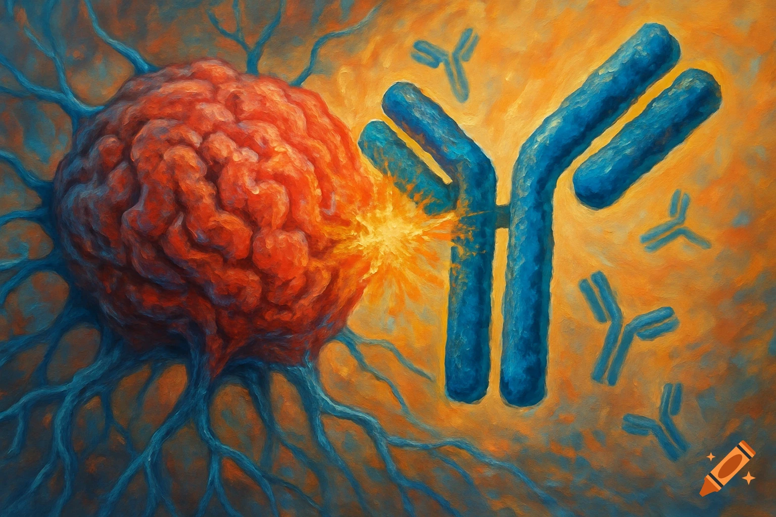 Painterly illustration of red brain mass being attacked by blue antibodies with energy burst.